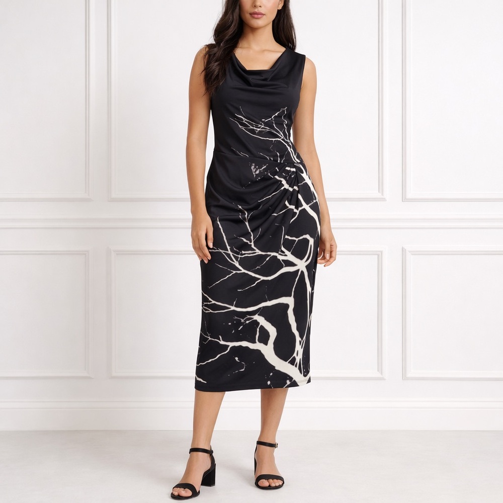 Vintage Rachel Rachel Roy Black Ruched Sleeveless Abstract Tree Patterned Dress